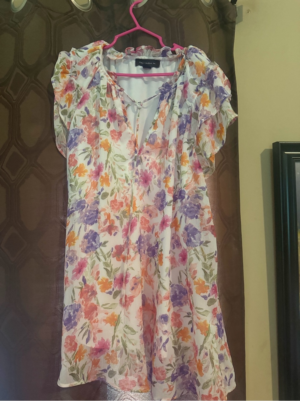 Tie-Neck Floral Blouse in White with Pink, Purple & Orange Print